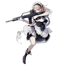 Rule 34 | 1girl, apron, assault rifle, blonde hair, blue eyes, boots, braid, braided bangs, bridal garter, full body, g36 (girls&#039; frontline), girls&#039; frontline, gloves, gun, h&amp;k g36, imoko (imonatsuki), long hair, looking at viewer, magazine (weapon), maid, maid apron, maid headdress, official art, personification, rifle, skirt, solo, transparent background, very long hair, weapon