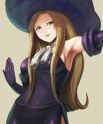 Rule 34 | 1girl, bare shoulders, breasts, brown eyes, brown hair, closed mouth, dress, elbow gloves, gloves, hat, long hair, looking at viewer, simple background, smile, solo, tactics ogre, witch, witch (tactics ogre), witch hat