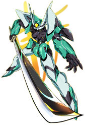 Rule 34 | absurdres, highres, holding, holding sword, holding weapon, looking to the side, mecha, mecha request, no humans, open hand, pillar buster, robot, science fiction, solo, sword, weapon, white background, xenogears, yellow eyes