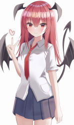Rule 34 | 1girl, absurdres, aohane, bat wings, cowboy shot, head wings, heart, highres, koakuma, long hair, necktie, pleated skirt, red eyes, red hair, shirt, simple background, skirt, solo, tail, touhou, v, white background, wings