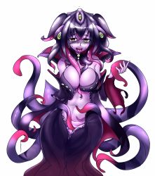 Rule 34 | 1girl, absurdres, bare shoulders, blush, breasts, center opening, cleavage, colored skin, dress, elakan, heavy breathing, highres, large breasts, long hair, looking at viewer, mind flayer (monster girl encyclopedia), mindflayer (monster girl encyclopedia), monster girl, monster girl encyclopedia, navel, orange eyes, purple hair, purple skin, purple theme, saliva, simple background, solo, sweat, tentacle hair, tentacles, white background