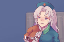 Rule 34 | 1girl, blue eyes, blush, breasts, english text, eyebrows, grey hair, hand on own chest, hat, highres, large breasts, long hair, looking away, meme, nurse cap, parody, parted lips, puffy short sleeves, puffy sleeves, short sleeves, solo, touhou, upper body, yagokoro eirin, yoruny