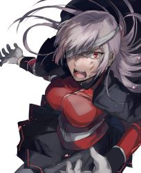 Rule 34 | 1girl, bad id, bad twitter id, bandage over one eye, blood, blood on face, coat, fate/grand order, fate (series), florence nightingale (fate), florence nightingale (third ascension) (fate), gloves, highres, jacket, jacket on shoulders, long hair, pantyhose, pink hair, red coat, red eyes, skirt, solo, white background, white gloves, white pantyhose