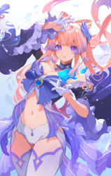 Rule 34 | 1girl, air bubble, arm up, bare shoulders, beads, blue horns, blunt bangs, bow-shaped hair, breasts, bubble, cameltoe, choker, colored tips, commentary, cowboy shot, fish, floating hair, frilled sleeves, frills, gem, genshin impact, gloves, gradient hair, hair ornament, half gloves, highres, horns, lace trim, long hair, looking at viewer, multicolored hair, mushroommirror, navel, parted lips, pink hair, purple eyes, purple hair, revealing clothes, sangonomiya kokomi, school of fish, shorts, silhouette, solo, streaked hair, submerged, tassel, thighhighs, underwater, white gloves, white shorts, white thighhighs, wide sleeves, wing hair ornament