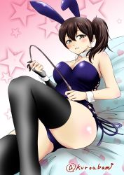 Rule 34 | 10s, 1girl, alternate costume, animal ears, black hair, blush, breasts, brown eyes, brown hair, cleavage, detached collar, fake animal ears, gradient background, kaga (kancolle), kantai collection, kuro abamu, leotard, looking at viewer, lying, on back, parted lips, playboy bunny, rabbit ears, riding crop, short hair, side ponytail, sitting, solo, thighhighs, twitter username, whip, wrist cuffs