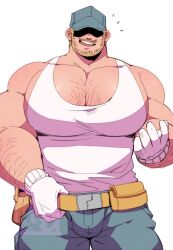 Rule 34 | 1boy, arm hair, bara, beard stubble, blonde hair, bulge, cowboy shot, earrings, facial hair, gloves, hat over eyes, highres, huge pectorals, jewelry, kokukokuboo, male focus, mature male, muscular, muscular male, mustache, original, pectoral cleavage, pectorals, short hair, simple background, smile, solo, sparse chest hair, straight-on, stubble, tool belt, white background, white gloves
