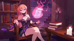 Rule 34 | 1girl, absurdres, bare shoulders, bat (animal), book, bookshelf, breasts, candelabra, candle, candlestand, choker, cleavage, commentary, commentary request, crossed legs, crown, earrings, fire, highres, jewelry, large breasts, library, long hair, magic circle, official art, phase connect, pink hair, purple eyes, quill, runie ruse, scroll, sitting, solo, stairs, table, tamago nezumi, thigh strap, tiara