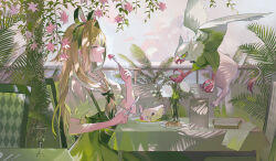 Rule 34 | 1girl, alice (alice in wonderland), alice in wonderland, blonde hair, bow, chair, closed eyes, eating, flower, fork, goat, green bow, green hairband, green skirt, griffin, hairband, holding, holding fork, holding knife, knife, on chair, open mouth, plate, sitting, skirt, solo, suspenders, table, vase, wakuseiy, white flower