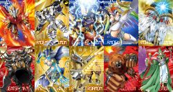Rule 34 | ancientbeatmon, ancientgarurumon, ancientgreymon, ancientirismon, ancientmegatheriumon, ancientmermaimon, ancientsphinxmon, ancienttroiamon, ancientvolcamon, ancientwisemon, cannon, claws, digimon, digimon (creature), dual wielding, electricity, fire, highres, holding, horns, kicking, mirror, official art, polearm, red eyes, ten legendary warriors, trident, weapon, wood, yellow eyes