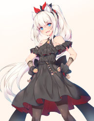 Rule 34 | 1girl, absurdres, animal ear fluff, animal ears, azur lane, bare shoulders, bell, black dress, blue eyes, blush, bow, breasts, brown background, brown pantyhose, cat ears, commentary request, dress, fake animal ears, fang, fishnet gloves, fishnets, frills, gloves, gradient background, hair between eyes, hair bow, hairband, hammann (azur lane), hammann (prideful fairy of the ballroom) (azur lane), hands on own hips, headband, high ponytail, highres, jingle bell, long hair, looking at viewer, nakazawa aki, neck bell, open mouth, pantyhose, pleated dress, ponytail, ribbon, sidelocks, silver hair, skin fang, sleeveless, sleeveless dress, small breasts, solo, two-sided fabric, two-sided skirt, very long hair, wavy mouth, white background
