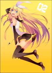 Rule 34 | 1girl, :d, absurdres, bad id, bad pixiv id, bare shoulders, blonde hair, blue eyes, boots, bow, future style (module), hair bow, hair ornament, hairband, hairclip, highres, jumping, kagamine rin, long hair, necktie, aged up, open mouth, pleated skirt, project diva (series), skirt, smile, temari (deae), thigh boots, thighhighs, very long hair, vocaloid, yellow background, zettai ryouiki