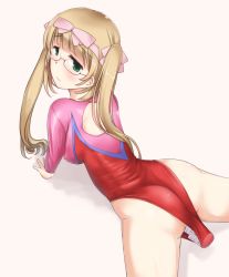 Rule 34 | 1girl, ass, blonde hair, blush, breasts, covered erect nipples, dildo, female focus, glasses, green eyes, gymnastics, highres, leotard, long hair, minase (takaoka nanase), object insertion, original, sex toy, sideboob, simple background, solo, twintails, vaginal, vaginal object insertion