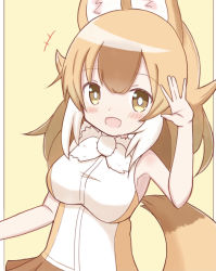 Rule 34 | +++, 1girl, :d, animal ear fluff, animal ears, bare arms, bare shoulders, blush, breasts, brown eyes, brown hair, brown skirt, commentary request, dhole (kemono friends), gradient hair, highres, kemono friends, long hair, looking at viewer, medium breasts, multicolored hair, open mouth, pleated skirt, shirt, skirt, sleeveless, sleeveless shirt, smile, solo, sunanuko (ramuneko), tail, white shirt, yellow background