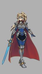 Rule 34 | 1girl, absurdres, armored boots, blonde hair, blue bodysuit, blue eyes, bodysuit, boots, breasts, cape, closed mouth, commentary, commission, covered navel, difman, english commentary, floating hair, full body, grey background, hair between eyes, headpiece, highres, holding, holding weapon, long hair, looking at viewer, medium breasts, original, red cape, side ponytail, simple background, solo, standing, vambraces, very long hair, weapon, weapon request
