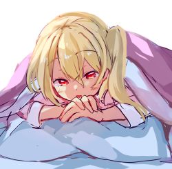 Rule 34 | 1girl, blonde hair, blush, flandre scarlet, hair between eyes, looking at viewer, lying, no headwear, no headwear, on stomach, one side up, open mouth, pajamas, paragasu (parags112), pillow, pink blanket, pink pajamas, red eyes, short hair, simple background, solo, touhou, under covers, white background