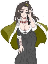 Rule 34 | 1girl, ass, blind, blush, breasts, brown hair, cape, cleavage cutout, clothing cutout, collar, female focus, genderswap, genderswap (mtf), hand on own head, highres, himejima gyoumei, huge ass, jacket, japanese (nationality), japanese clothes, japanese text, kimetsu no yaiba, kimono, large breasts, ornament, scar, scar on face, solo, teasing, yukata