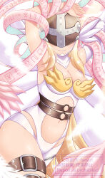Rule 34 | 1girl, absurdres, angel, angel wings, angewomon, armpits, arms up, asymmetrical clothes, bare shoulders, belt, blonde hair, bodysuit, boobplate, breastplate, breasts, cleavage, clothing cutout, commentary, covered eyes, cowboy shot, digimoji, digimon, digimon (creature), elbow gloves, feathers, gloves, hagoromo, helmet, helmet over eyes, highres, long hair, medium breasts, multiple wings, navel, o-ring, o-ring belt, parted lips, shawl, shingetsu (doru0222), skindentation, smile, solo, stomach, stomach cutout, thigh strap, white bodysuit, winged helmet, wings, zipper