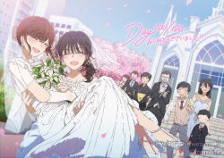 Rule 34 | 4boys, 5girls, black hair, black jacket, black kimono, blue dress, blue necktie, blush, bouquet, bridal veil, brown hair, brown sweater, building, carrying, cherry blossoms, child, church, closed eyes, commentary request, couple, dress, dutch angle, earrings, elbow gloves, falling petals, flower, glasses, gloves, grey pants, grin, hair bun, high heels, highres, holding, holding bouquet, hoop earrings, jacket, japanese clothes, jewelry, kimono, lily (flower), multiple boys, multiple girls, muromaki, necktie, obi, open mouth, original, outdoors, pants, petals, princess carry, red necktie, sash, short hair, shorts, sleeveless, sleeveless dress, smile, suit jacket, surprised, sweater, tearing up, tears, teeth, translation request, upper teeth only, veil, wedding, wedding dress, white dress, white flower, white footwear, white gloves, wife and wife, yuri