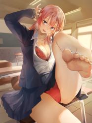 Rule 34 | 1girl, :d, arm up, barefoot, blazer, blouse, bra, breasts, classroom, clothes lift, crotch seam, desk, dress shirt, feet up, head tilt, highres, indoors, jacket, knee up, looking at viewer, no shoes, on desk, open clothes, open jacket, open mouth, open shirt, original, panties, partially unbuttoned, pink hair, pleated skirt, red bra, red panties, school, school desk, school uniform, shirt, sitting, skirt, skirt lift, smile, solo, sunlight, tile floor, tiles, toenails, toes, underwear, white shirt, yoshimori isa