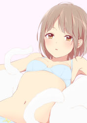 Rule 34 | 1girl, armpits, bare shoulders, blue bra, blue panties, blush, bra, breasts, brown hair, cat, looking at viewer, lying, navel, on back, original, panties, parted lips, pink background, short hair, simple background, small breasts, solo, teti, underwear, white cat, yellow eyes