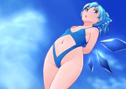 Rule 34 | 1girl, alternate costume, alternate hairstyle, arms behind back, bare shoulders, blue eyes, blue hair, blue one-piece swimsuit, blue ribbon, blue sky, blue theme, blue wings, blush, breasts, cirno, clothing cutout, cloud, collarbone, covered erect nipples, cowboy shot, day, dutch angle, female focus, hair ribbon, ice, ice wings, katsura dendou, light blush, looking at viewer, matching hair/eyes, navel, navel cutout, one-piece swimsuit, open mouth, outdoors, ponytail, ribbon, shiny skin, short hair, sky, small breasts, solo, standing, stomach, swimsuit, touhou, wings