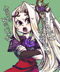 1girl blonde_hair child crossed_arms fingernails flower green_background hair_vines kid_icarus kid_icarus_uprising long_hair nintendo open_mouth purple_flower purple_rose rose side_ponytail suno_(imydream) tagme teeth translation_request upper_teeth_only v-shaped_eyebrows very_long_hair viridi