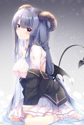 Rule 34 | 1girl, absurdres, black jacket, black wings, blush, breasts, collared shirt, commentary request, demon girl, demon horns, demon tail, demon wings, dress shirt, fuuna, grey hair, hair between eyes, highres, horns, jacket, large breasts, long hair, long sleeves, no shoes, off shoulder, open clothes, open jacket, original, parted lips, pleated skirt, red eyes, shirt, skirt, sock pull, socks, solo, tail, very long hair, white shirt, white skirt, white socks, wings