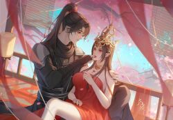 Rule 34 | 1boy, 1girl, absurdres, bare shoulders, brown hair, cai lin (doupo cangqiong), cherry blossoms, couple, doupo cangqiong, dress, falling petals, finger in another&#039;s mouth, hand on another&#039;s shoulder, highres, jewelry, long hair, necklace, petals, pointy ears, ponytail, railing, red dress, second-party source, shoulder guard, upper body, xiao yan (doupo cangqiong), zuotian ye y