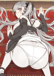Rule 34 | 1girl, all fours, ass, azur lane, backboob, breasts, clothes lift, formidable (azur lane), from behind, highres, huge ass, large breasts, maid, on floor, panties, red eyes, skirt, skirt lift, solo, underwear, unfinished, white hair, whoosaku
