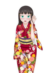 Rule 34 | 1girl, artist name, artist request, black hair, blush, collarbone, female focus, flower print, green eyes, hair ornament, hairclip, japanese clothes, kimono, kurosawa dia, kwsk yohane, long hair, looking at viewer, love live!, love live! sunshine!!, mole, mole under mouth, nail, nail polish, parted lips, playing with own hair, red kimono, red nails, solo, white background
