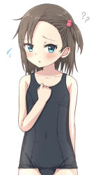 Rule 34 | 1girl, ?, bare arms, bare shoulders, black one-piece swimsuit, blue eyes, blush, brown hair, collarbone, commentary request, covered navel, flying sweatdrops, groin, hair bobbles, hair ornament, hand up, highres, old school swimsuit, one-piece swimsuit, one side up, original, parted lips, school swimsuit, simple background, solo, swimsuit, takasuma hiro, white background
