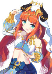 Rule 34 | 1girl, :d, absurdres, arm up, bare shoulders, blue bow, blue nails, blue sleeves, bow, breasts, clip studio paint (medium), commentary request, detached sleeves, fake horns, genshin impact, green eyes, highres, horns, long hair, long sleeves, looking at viewer, low twintails, maru shion, medium breasts, nail polish, navel, nilou (genshin impact), open mouth, orange hair, puffy long sleeves, puffy sleeves, simple background, smile, solo, twintails, veil, very long hair, white background, white sleeves