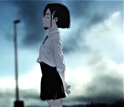 Rule 34 | 1girl, arms behind back, black bow, black bowtie, black hair, black skirt, blurry, blurry background, bob cut, bow, bowtie, breasts, closed eyes, closed mouth, cloud, cloudy sky, collared shirt, commentary, cowboy shot, darling in the franxx, day, depth of field, dress shirt, facing to the side, from side, grey sky, hair ornament, hairclip, high-waist skirt, ichigo (darling in the franxx), kira yuu, lamppost, long sleeves, profile, school uniform, shirt, short hair, skirt, sky, small breasts, solo, standing, white shirt