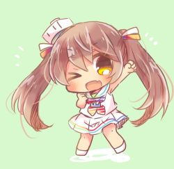Rule 34 | 10s, 1girl, brown eyes, brown hair, chibi, dark-skinned female, dark skin, dress, fang, full body, green background, kantai collection, kou hiyoyo, libeccio (kancolle), long hair, lowres, neckerchief, open mouth, red neckerchief, sailor dress, simple background, smile, solo, standing, striped neckerchief, striped neckwear, twintails