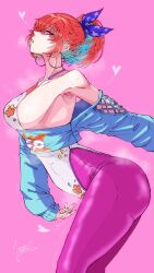 Rule 34 | 1girl, absurdres, aqua hair, blue sweater, breasts, colored inner hair, crop top, crop top overhang, cropped sweater, earrings, heart, highres, hololive, hololive english, hoop earrings, jasper xandros, jewelry, large breasts, leotard, looking at viewer, multicolored hair, off-shoulder sweater, off shoulder, official alternate costume, orange hair, pantyhose, pink pantyhose, purple eyes, shiny skin, short hair, sideboob, simple background, solo, standing, sweat, sweater, takanashi kiara, takanashi kiara (7th costume), thighs, virtual youtuber, white leotard