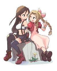 Rule 34 | 2girls, ;d, aerith gainsborough, ankle boots, arm grab, black eyes, black gloves, black hair, black skirt, black thighhighs, boots, bow, braid, brown footwear, brown hair, choker, closed mouth, crop top, cropped jacket, dress, drill hair, elbow pads, final fantasy, final fantasy vii, fingerless gloves, flower, gauntlets, gloves, green eyes, hair bow, index finger raised, jacket, long dress, long hair, looking at another, midriff, miniskirt, multiple girls, navel, one eye closed, open mouth, pink bow, pink choker, pink dress, puffy short sleeves, puffy sleeves, red jacket, shirt, shoes, short sleeves, side-by-side, sidelocks, simple background, single braid, sitting, skirt, smile, straight hair, suspender skirt, suspenders, thighhighs, tifa lockhart, traditional media, tsubobot, white background, white shirt, yuri