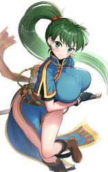 Rule 34 | 1girl, absurdres, artist name, blush, boots, breasts, closed mouth, commentary request, dress, earrings, fingerless gloves, fire emblem, fire emblem: the blazing blade, gloves, gonzarez, green eyes, green hair, grey hair, high ponytail, highres, holding, jewelry, knee boots, large breasts, lips, long hair, looking at viewer, lyn (fire emblem), nintendo, ponytail, sheath, sheathed, shiny skin, short sleeves, signature, simple background, smile, solo, sword, thighs, weapon