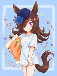 Rule 34 | 1girl, animal ears, arm at side, bare legs, blue background, blue hat, brown hair, carrot-shaped pillow, carrot print, closed mouth, collarbone, commentary request, flower, flying sweatdrops, food print, framed, hair ornament, hair over one eye, hat, hat flower, heart, holding, holding pillow, horse ears, horse tail, kuromori yako, light blush, long hair, looking at viewer, notice lines, oversized clothes, pillow, purple eyes, rice shower (umamusume), shirt, short sleeves, smile, solo, star (symbol), tail, tilted headwear, translation request, umamusume