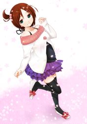 Rule 34 | 1girl, alternate costume, bad id, bad pixiv id, bare shoulders, black thighhighs, blush, brown hair, camisole, corpse party, frills, green eyes, hair bobbles, hair ornament, hairpin, highres, osomatsu, osomatsu (nanameno), petals, shoes, short hair, side ponytail, skirt, smile, solo, suzumoto mayu, sweater, thighhighs, zettai ryouiki