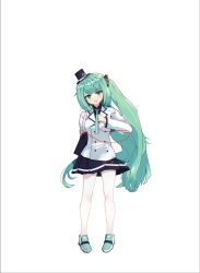Rule 34 | 1girl, aqua hair, aqua necktie, black skirt, blazer, buttons, cable, commentary request, double-breasted, full body, green eyes, hat, hatsune miku, head tilt, highres, jacket, long hair, looking at viewer, mini hat, miniskirt, necktie, open mouth, pantyhose, pleated skirt, pure white a type, school uniform, shoes, sidelocks, simple background, skirt, smile, sneakers, solo, standing, string, string of fate, twintails, very long hair, vocaloid, white background, white pantyhose
