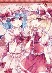 Rule 34 | 2girls, absurdres, blonde hair, blue hair, bow, dress, fang, flandre scarlet, ginzuki ringo, hair ornament, hairclip, hand to own mouth, hat, hat bow, highres, looking at viewer, mob cap, multiple girls, one eye closed, open mouth, pink dress, pink eyes, puffy short sleeves, puffy sleeves, remilia scarlet, sash, shirt, short sleeves, siblings, side ponytail, sisters, skirt, skirt set, smile, touhou, vest, wrist cuffs
