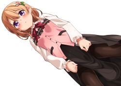 Rule 34 | 1girl, black pantyhose, black skirt, blush, bow, bowtie, breasts, buttons, clothes lift, collared shirt, commentary request, cowboy shot, dutch angle, from below, gochuumon wa usagi desu ka?, hair between eyes, hair ornament, hairclip, highres, hoto cocoa, lifted by self, long sleeves, looking at viewer, mousou (mousou temporary), orange hair, pantyhose, parted lips, pink vest, purple eyes, rabbit house uniform, red bow, red bowtie, shirt, short hair, simple background, skirt, skirt lift, small breasts, solo, standing, teeth, thighband pantyhose, vest, white background, white shirt