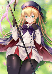 Rule 34 | 1girl, artoria caster (fate), artoria caster (second ascension) (fate), artoria pendragon (fate), bad id, bad pixiv id, belt, beret, black pantyhose, blonde hair, blue belt, blue cape, blue headwear, blush, breasts, buttons, cape, double-breasted, fate/grand order, fate (series), gloves, green eyes, harimoji, hat, holding, holding staff, long hair, long sleeves, looking at viewer, multicolored cape, multicolored clothes, o-ring, o-ring belt, pantyhose, petals, small breasts, smile, staff, striped belt, thighs