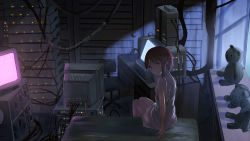 Rule 34 | 1girl, asymmetrical bangs, asymmetrical hair, bed, brown eyes, brown hair, cabinet, cable, catzz, chair, commentary request, computer, crt, dark, desk, door, hair ornament, highres, indoors, iwakura lain, looking at viewer, looking back, monitor, moonlight, night, nightgown, office chair, room, serial experiments lain, short hair, sitting, solo, stuffed animal, stuffed toy, swivel chair, teddy bear, white nightgown, wooden floor, x hair ornament