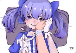 Rule 34 | 1girl, bandaged wrist, bandages, blue bow, blue choker, blue dress, blue eyes, blue hair, bow, choker, coco pino umai, commentary request, crying, dress, gloves, hand on another&#039;s cheek, hand on another&#039;s face, heart, heart-shaped pupils, highres, long hair, nijisanji, open mouth, puffy short sleeves, puffy sleeves, short sleeves, solo, symbol-shaped pupils, virtual youtuber, white gloves, yuuki chihiro, yuuki chihiro (1st costume)
