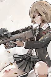 Rule 34 | 1girl, ammunition, artist name, bad id, bad pixiv id, black jacket, black skirt, blood, blood on clothes, blood on face, brown eyes, brown hair, bullet, bullet casing, bullpup, closed mouth, collared shirt, commentary request, crossover, fn 5.7x28mm, girls&#039; frontline, guest character, guest fighter, gun, gunslinger girl, handgun cartridge, henrietta (gunslinger girl), high-capacity magazine, holding, holding gun, holding weapon, horizontal magazine, jacket, long sleeves, looking at viewer, military cartridge, neck ribbon, nekoya (liu), open clothes, open jacket, p90, pdw cartridge, personal defense weapon, pistol cartridge, pleated skirt, ribbon, see-through, shell casing, shirt, short hair, signature, skirt, solo, submachine gun, trigger discipline, weapon, white ribbon, white shirt