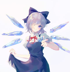 Rule 34 | 1girl, blue dress, blue eyes, blue hair, bow, breasts, cirno, clothes lift, dress, hair bow, heart, ice, ice wings, jessicaxx, looking at viewer, neck ribbon, one eye closed, pinafore dress, pointing, pointing at viewer, puffy short sleeves, puffy sleeves, red ribbon, ribbon, shirt, short hair, short sleeves, simple background, skirt, skirt lift, sleeveless dress, small breasts, smile, solo, touhou, upper body, white shirt, wings
