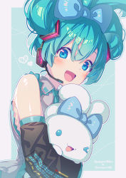 Rule 34 | &gt; &lt;, 1girl, :d, absurdres, alternate hairstyle, aqua background, aqua bow, aqua eyes, aqua hair, black sleeves, blush, bow, cinnamiku, cinnamoroll, collared shirt, commentary request, crossover, detached sleeves, ear bow, goshichi shoji, green necktie, green shirt, grey shirt, hair bow, hair rings, hatsune miku, headset, heart, highres, holding, looking at viewer, necktie, one eye closed, open mouth, rectangle, sanrio, shirt, sleeveless, sleeveless shirt, smile, symbol in eye, two-tone background, updo, upper body, vocaloid, white background