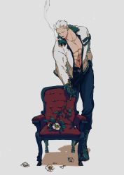 Rule 34 | 1boy, absurdres, armchair, chair, cigarette, flower, fur-trimmed jacket, fur collar, fur trim, gloves, hair slicked back, hand in pocket, highres, jacket, one piece, smoker (one piece), smoking, solo, user rjev8385, white hair