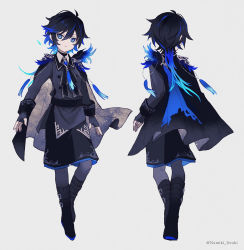 Rule 34 | 1boy, ascot, black ascot, black gloves, black hair, black jacket, black sky, blue eyes, blue hair, brooch, cape, commentary, english commentary, fingerless gloves, full body, gloves, gradient hair, hands up, highres, jacket, jewelry, long sleeves, looking at viewer, male focus, multicolored hair, namiki itsuki, original, parted lips, sky, solo, starry sky print, tassel, upper body